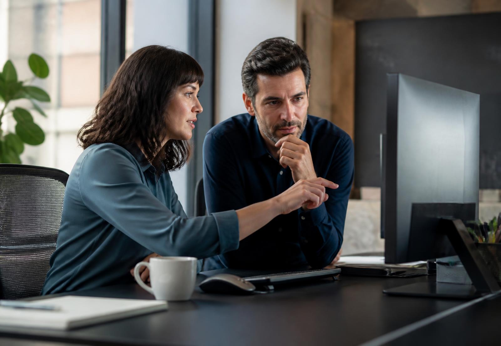 Two colleagues reviewing an interface together on a large monitor in a daylit workplace.