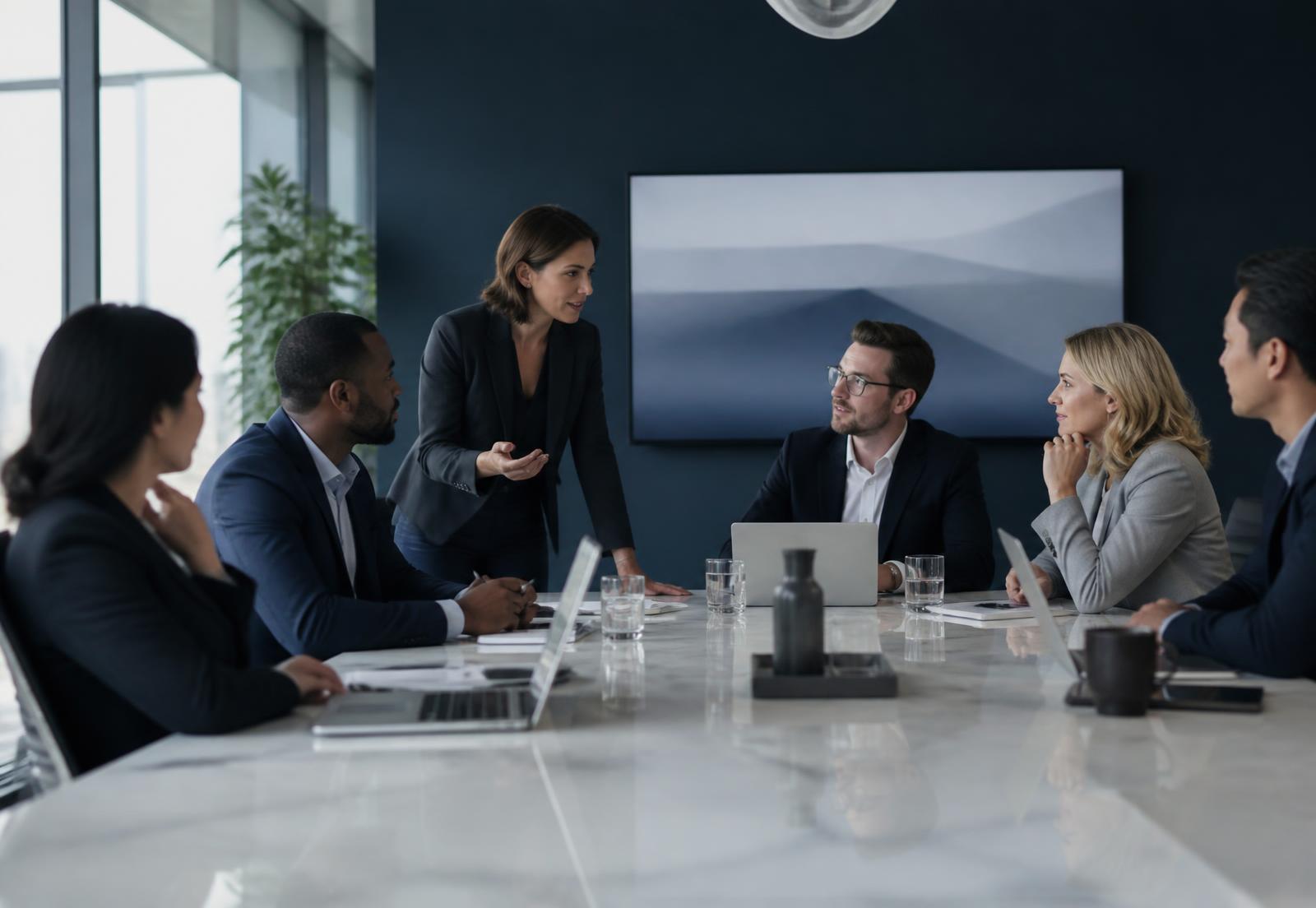 A team of professionals in a modern conference room discussing work together around a shared table with laptops and a wall display.